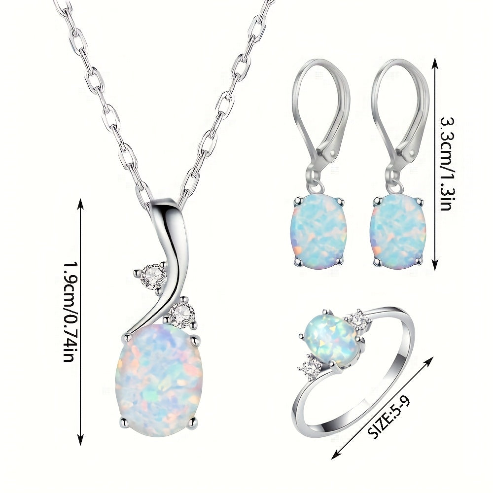 4pcs Set 925 Silver Easy Fashion Elegant Water Drop Opal Pendant Necklace Earrings And Ring Women'S Additions Party Jewelry Set