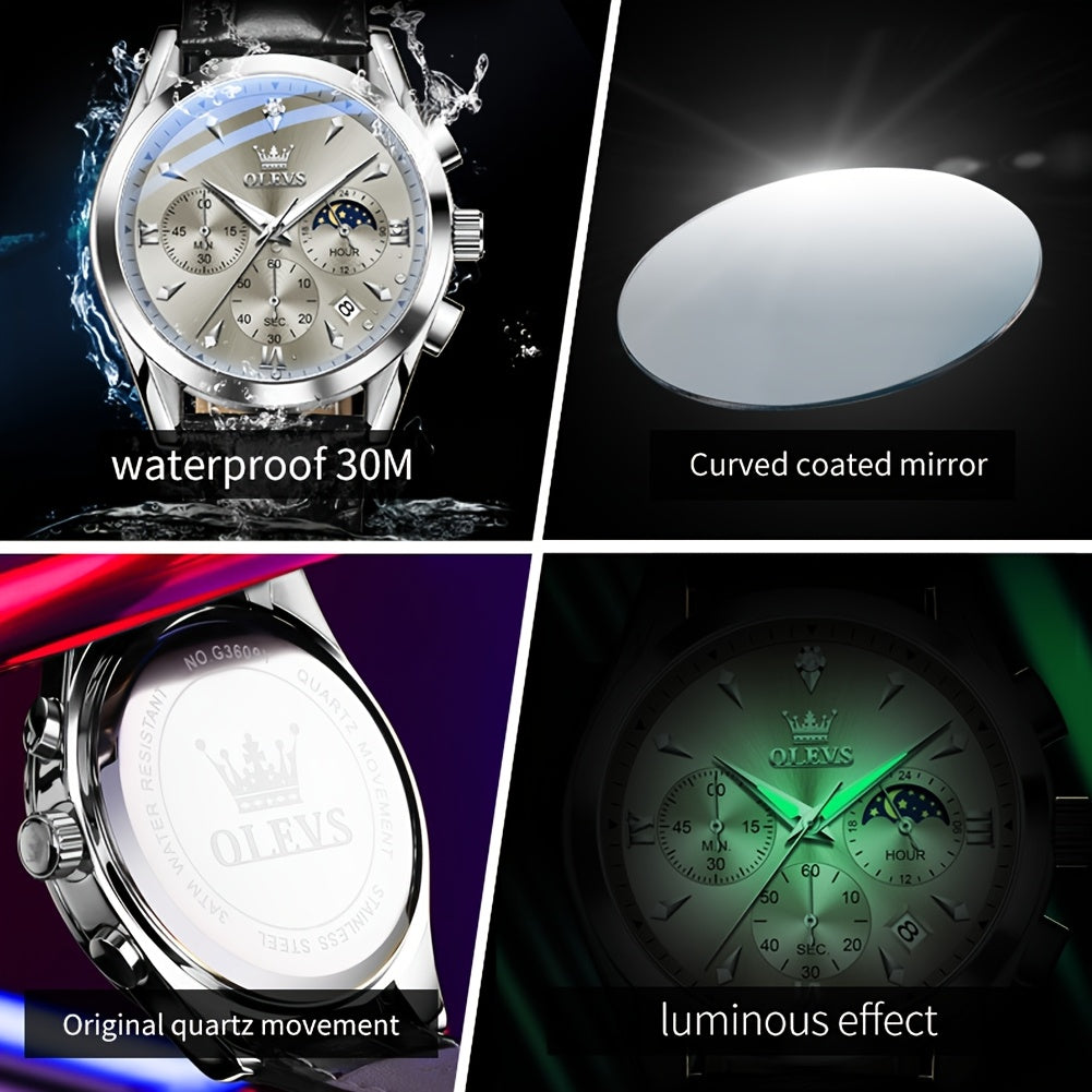 OLEVS Men'S Watches - Stylish Casual Analog Quartz with Faux Leather, Waterproof, 6-Hand Multifunction Chronograph, Luminous Business Date, Moon Phase, Gray/Black Dial Wristwatch for Men