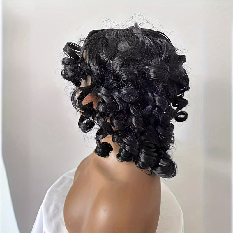 Women's 12 Inch Elegant Short Roll Wavy Costume Wig High Temperature Synthetic Fiber with Rose Mesh Cap 130% Density Natural Black Soft Curly Suitable for Daily Use Family Gatherings Halloween