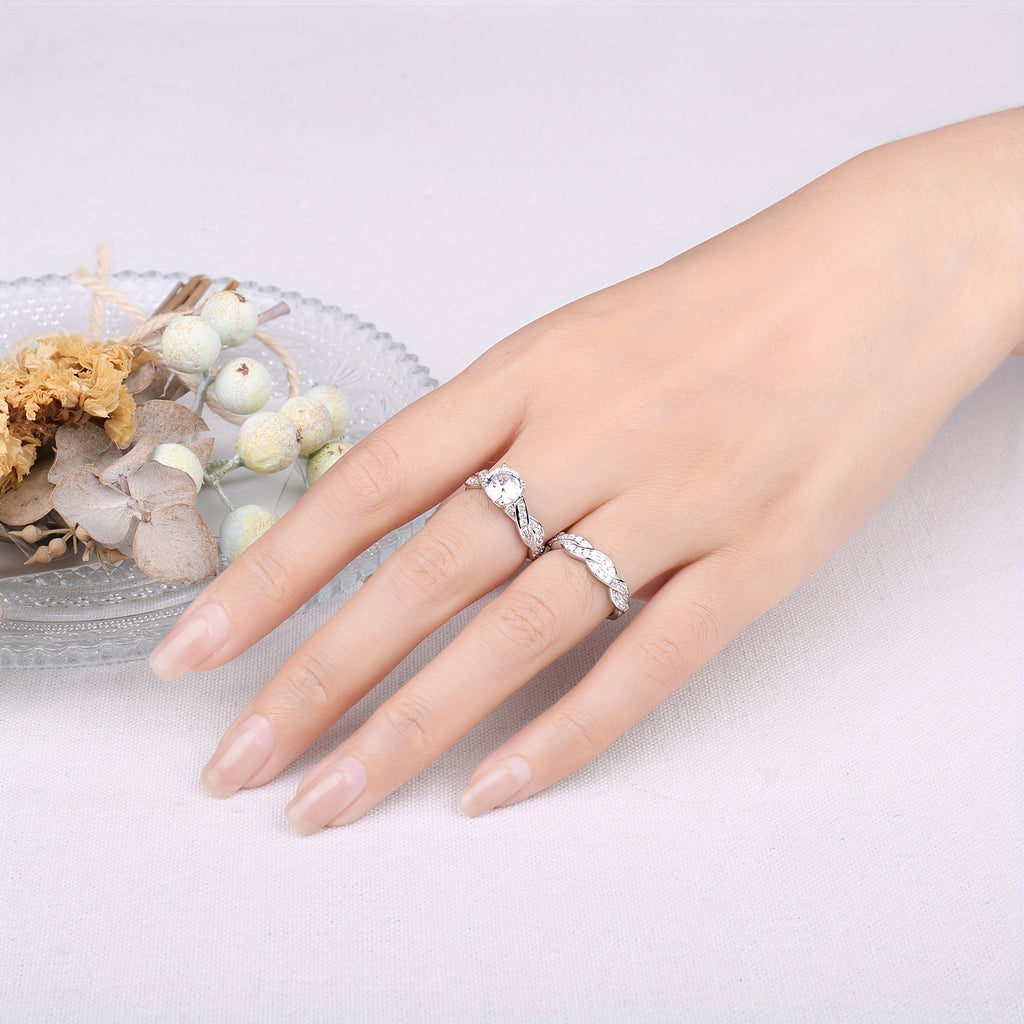 [Wedding Engagement Ring] 2pcs/Set 925 Sterling Silver Classic And Elegant Infinity Knot Design Round Cut Cubic Zirconia Decor Silvery Wedding Engagement Ring for Woman Bridal Set Ring Band Stackable Fine Jewelry