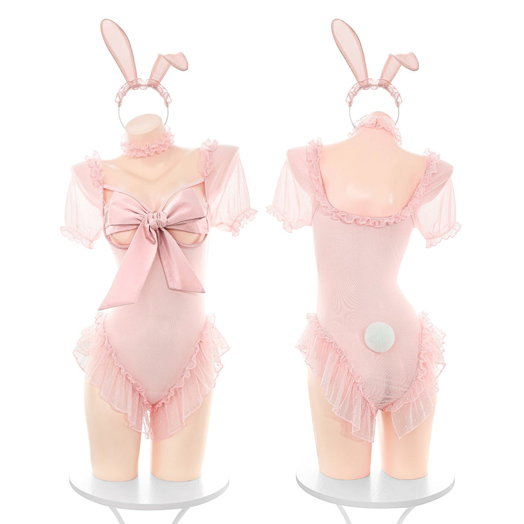 M-6312 Sexy Open-Crotch Bunny Onesie Set - Underwired, Braless, Sheer & Easy-Access
