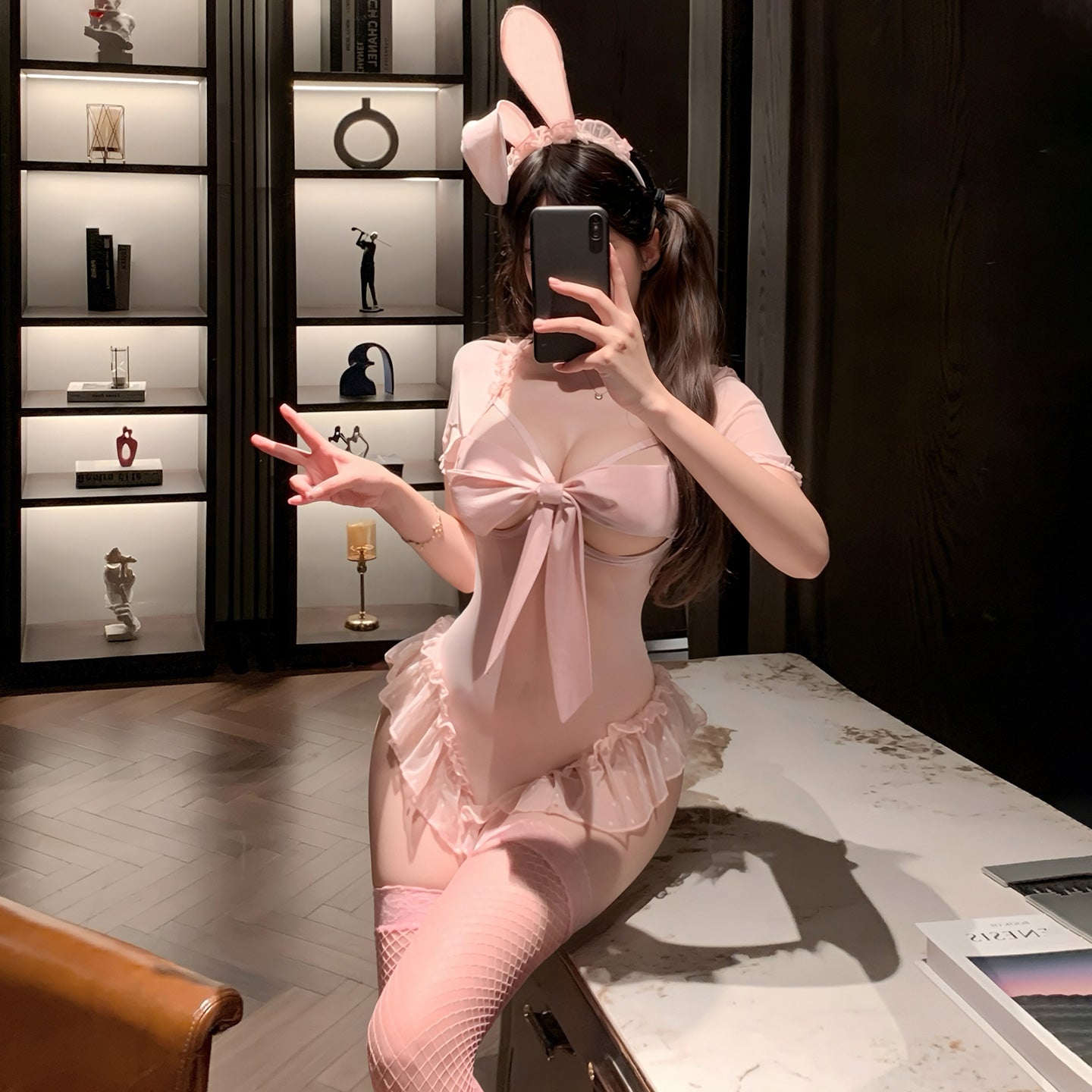 M-6312 Sexy Open-Crotch Bunny Onesie Set - Underwired, Braless, Sheer & Easy-Access