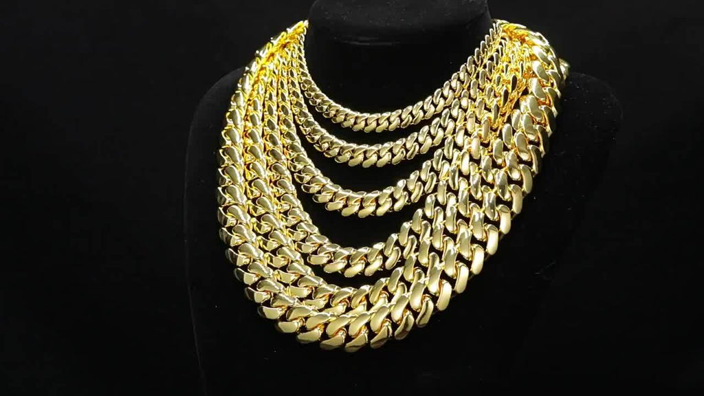 2pcs Thick 18K Gold Plated Plated Hip Hop Jewelry Set Stainless Steel 14mm Men Cuban Link Chain Pattern Buckle Necklace Bracelet