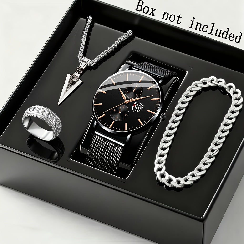 4pcs/Set Men'S Elegant Quartz Watch And Bracelet Set – | Sports Watch | Casual Watch | Business Watch | Quartz Movement