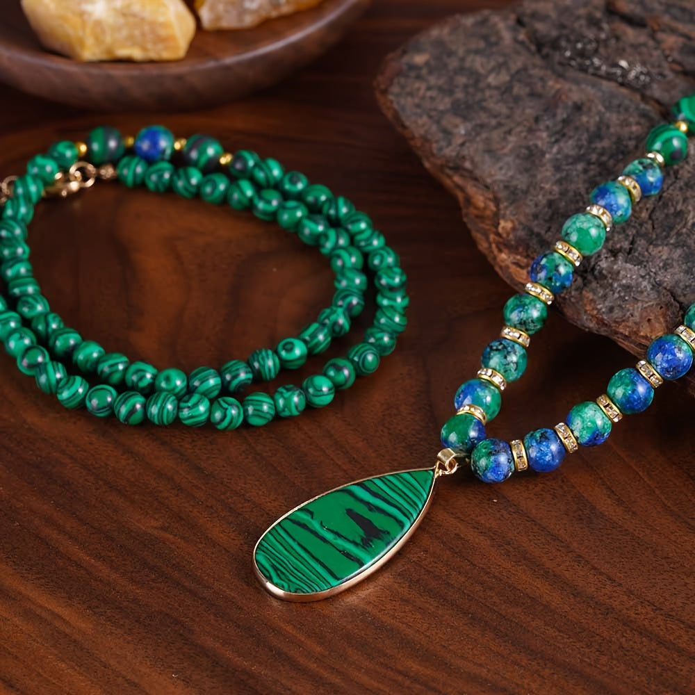 2pcs/Malachite & Phoenix Lapis Lazuli Wealth Necklace Set, Attracts Fortune And Abundance, Handmade Natural Stone Beads, Vintage Boho Adjustable Stackable Jewelry, Great for Daily Wear & Gifting, Unisex.