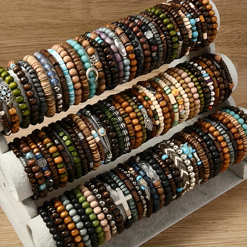 36-Pack Assorted Wooden Beaded Bracelets, Uncoated Metal, Zinc Alloy Charms, Women's Men's Fashion Jewelry, Handmade, Christmas Gift, Random Selection