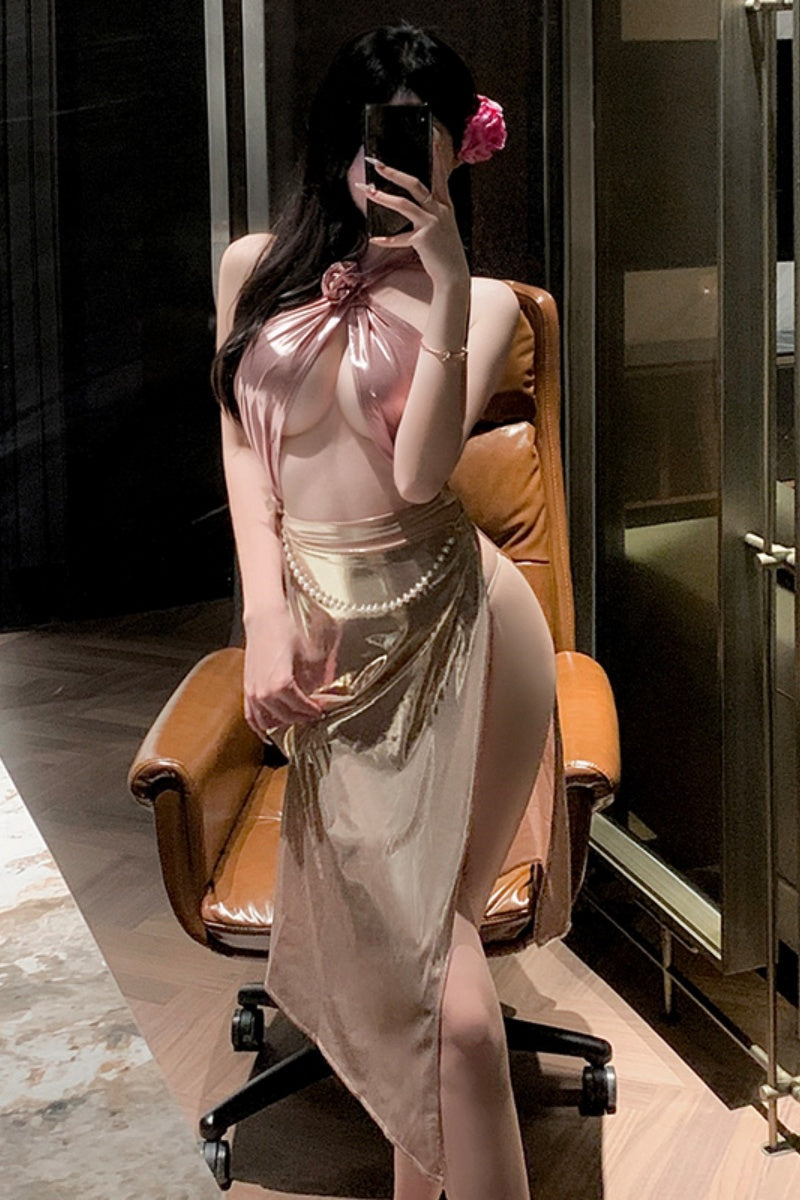 T-6381 A backless high - slit long dress adorned with three - dimensional roses.