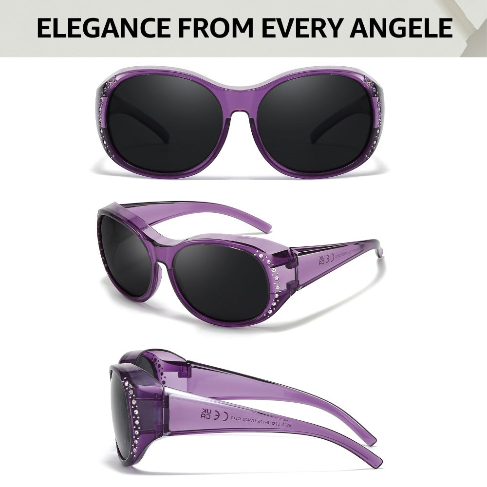 2PACKS Women's Polarized Fit Over Fashion Glasses for Prescription Glasses - Rhinestone Accent Wraparound, Polarization for Glare, Compatible with Eyeglasses (No Adapter/Device Needed)