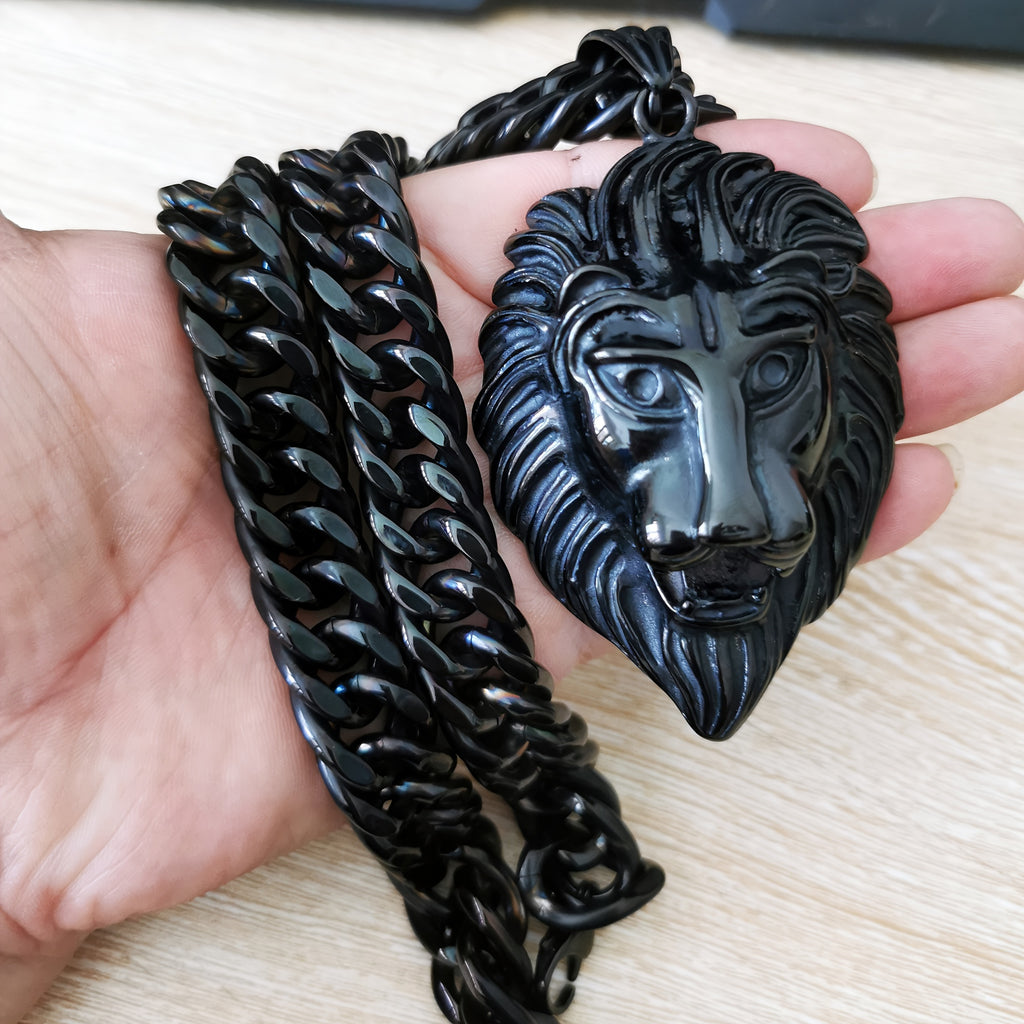 Majestic Lion Head Pendant Necklace Durable Stainless Steel Cuban Chain Fashion Black End Men'S Bold Statement Jewelry