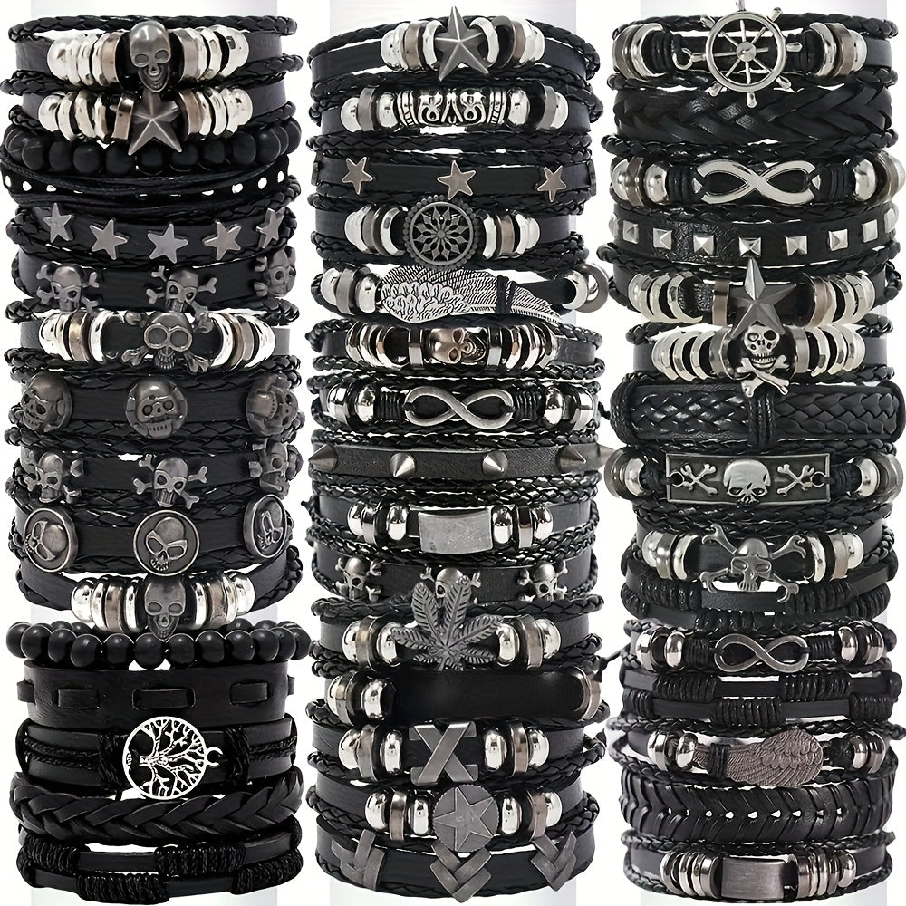 Random10/20/30pcs Punk Hip Hop Style Multi-layer Bracelet Set - Stainless Steel Skull, Cross & Star Elements, Vintage Black with Infinity Symbol, Chic Metal Dots Design, Creative Gift for Teens On Halloween, Thanksgiving, Father's Day & Graduation