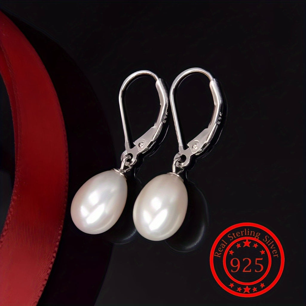 Pair of Elegant 925 Sterling Silvery Freshwater Pearl Drop Earrings, with Lobster Clasp, for Wedding Banquets, Valentine'S Day, Music Festivals, All Season