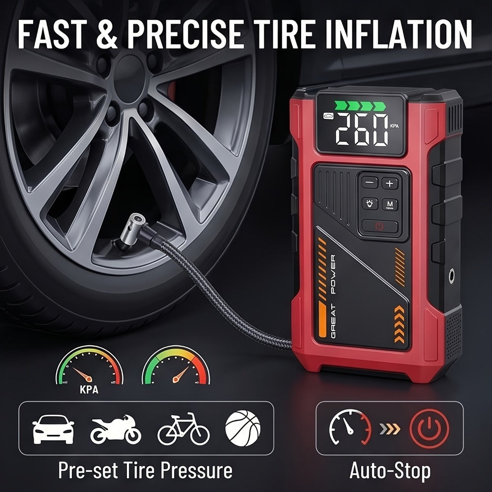 [Portable Jump Starter] 9-in-1 Portable Jump Starter with Air Compressor, Jump Starter for Car, Battery Jump Starter Portable, Car Battery Charger Portable For12V(8.0LGas/6.5L Diesel) Start The Car Quickly, USB Input/output, LED Emergency, Car Accessories