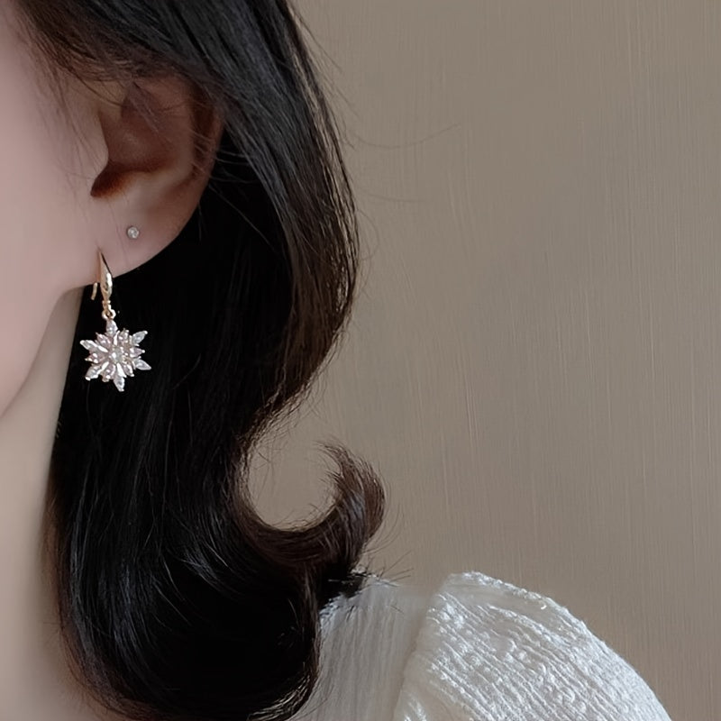 [Pink Glass Snowflake Earrings] Sterling Silver Elegant Pink Glass Snowflake Earrings | S925, Casual Decoration, Holiday Gift for Girlfriend