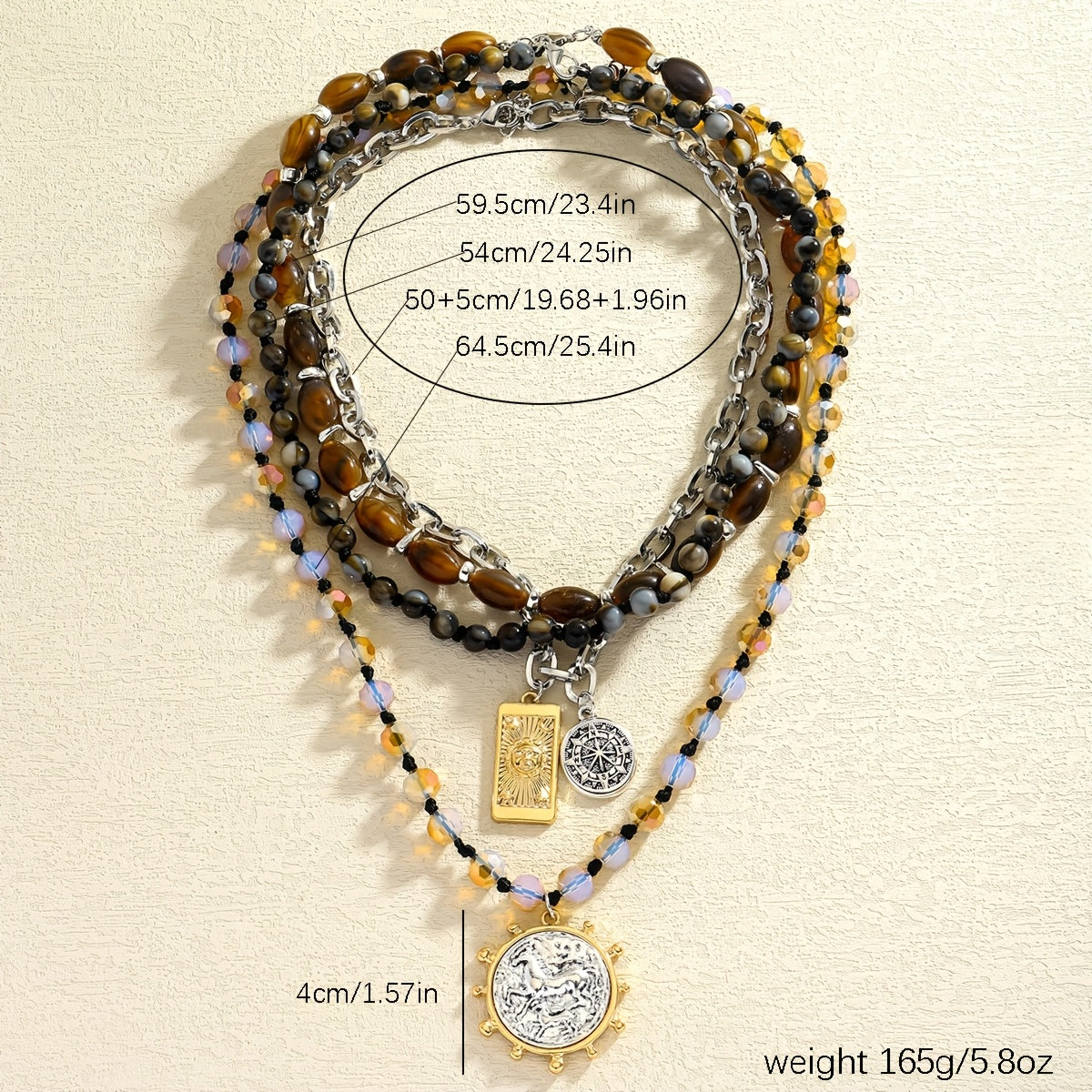 [Multi-Layer Stackable Necklace] Bohemian Vintage Multi-Layer Stackable Necklace For Women, Tiger's Eye Beaded Niche Design Nautical Compass Pendant Clavicle Chain