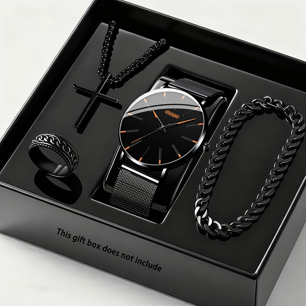 [Casual Business Special] 4pcs Men's Luxury Watch And Set - Quartz Analog Watch with Black And Red Hands, Matching Bracelet And Necklace, Analog/Digital-Like Sub-Dials - Low Voltage for Casual/Business/Special Occasions - Complete