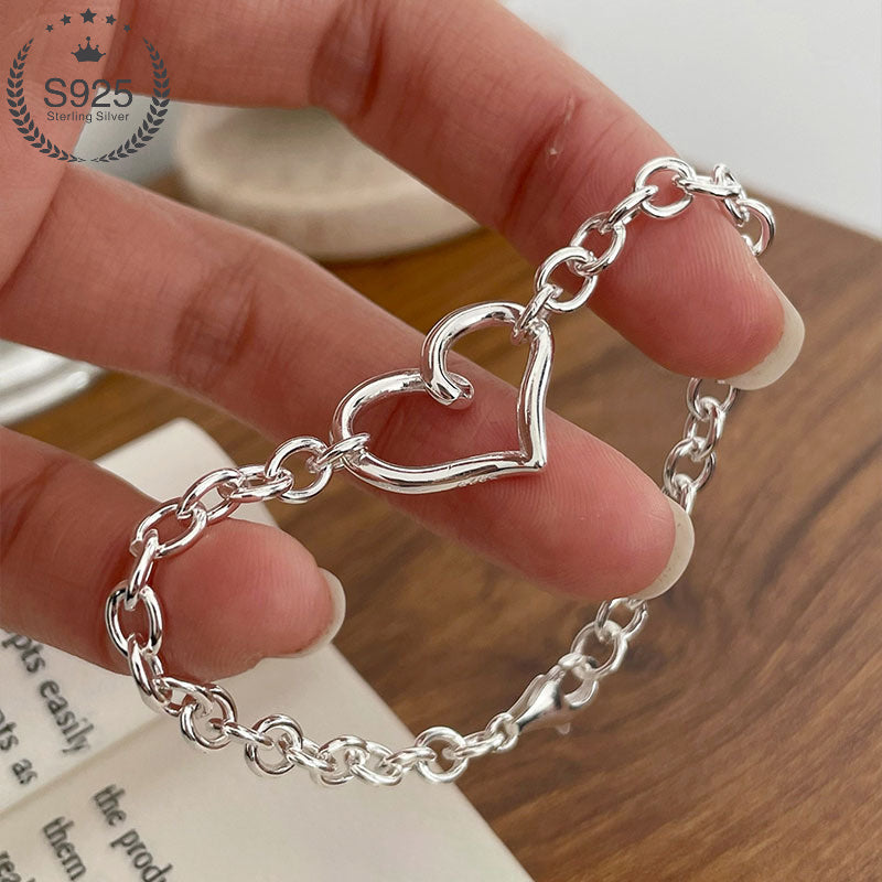 [Mother's Day Gift] 1pc S925 Sterling Silvery Minimalist Hollow Heart Bracelet, Niche Design Versatile Jewelry for Women - Low Allergy Sensitive Light Beige Friendly Elegant Fashion Accessory Perfect Gift for Mother's Day, Wedding