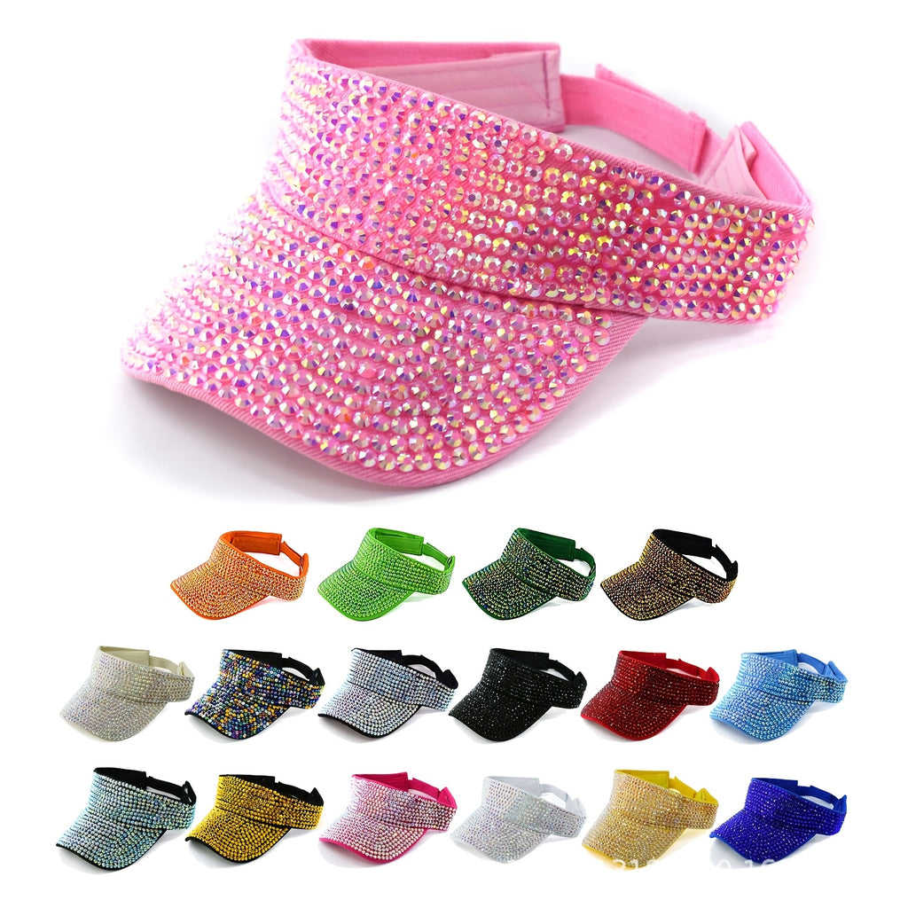 2025 New Arrival Women's Sparkling Rhinestone Visor Cap - Lightweight Elastic Fit Acrylic Baseball Cap for Outdoor Activities, Holiday Parties & Casual Wear, Multi-Color Options, Rhinestone Embellished Hat