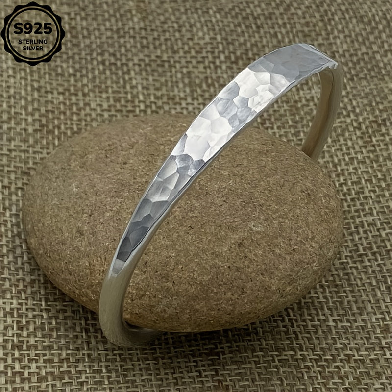 Sterling Silver Hammer Bracelet - Simple and Shiny Corrugated Open Bracelet, Thick and Strong 925 Silver, Handmade Gift for Her, Mother, Girlfriend, Birthday, Anniversary, Halloween, Valentine's Day, Christmas
