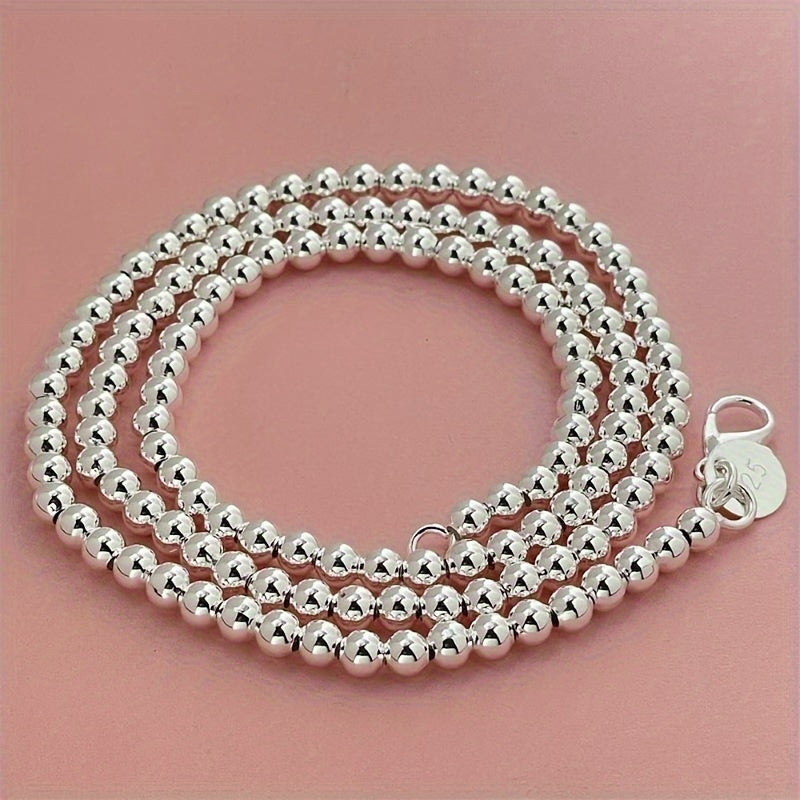 [Elegant Silver Necklace] 1pc Elegant 925 Sterling Silver Beaded Necklace, Adjustable 16-20 Inches, Chic Round Bead Chain, Fashionable Jewelry Accessory