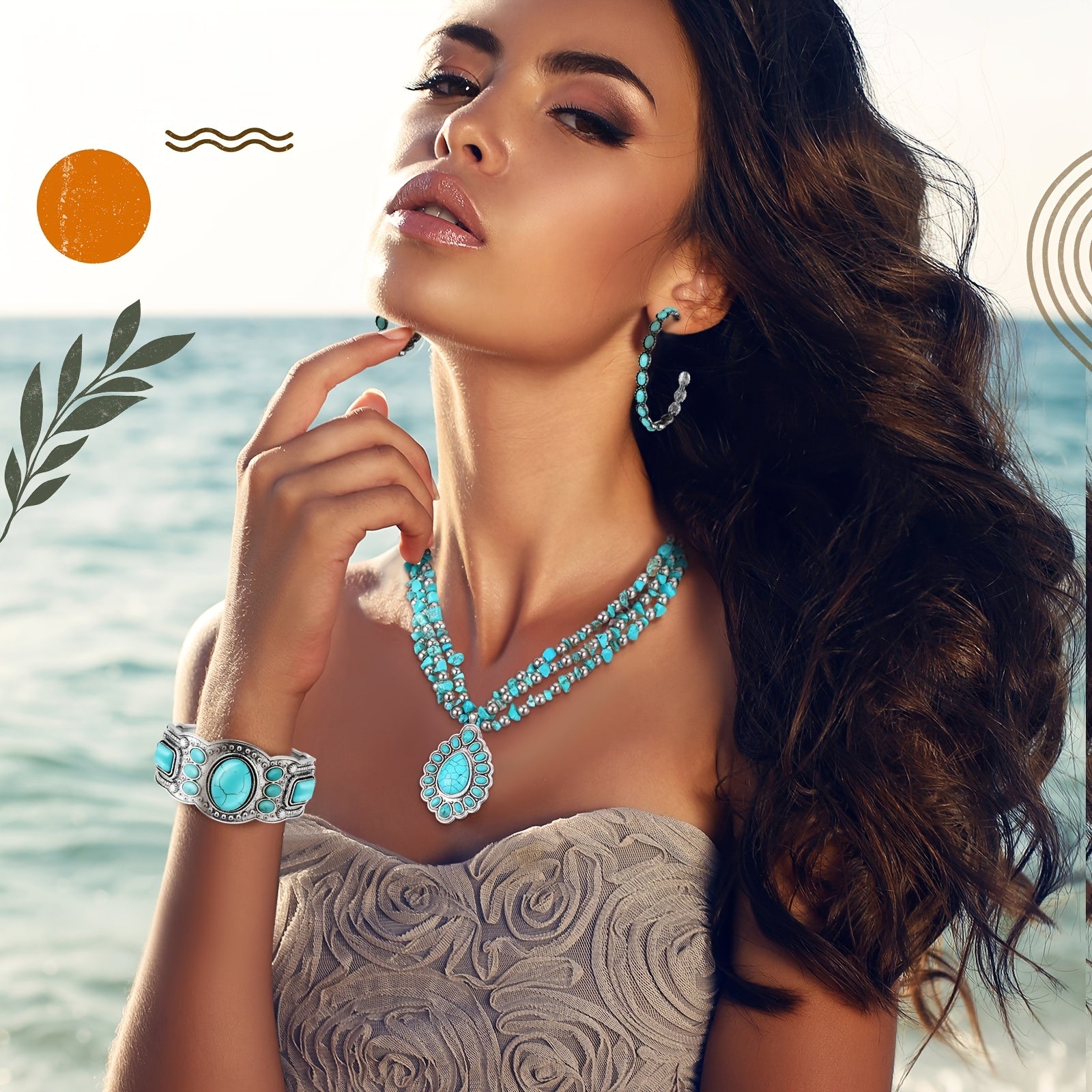 3pcs Western Jewelry for Women Bohemian Set, Boho Pendant Long Choker, Layered Bracelet, Dangle Earrings for Gifts Mother, Friends