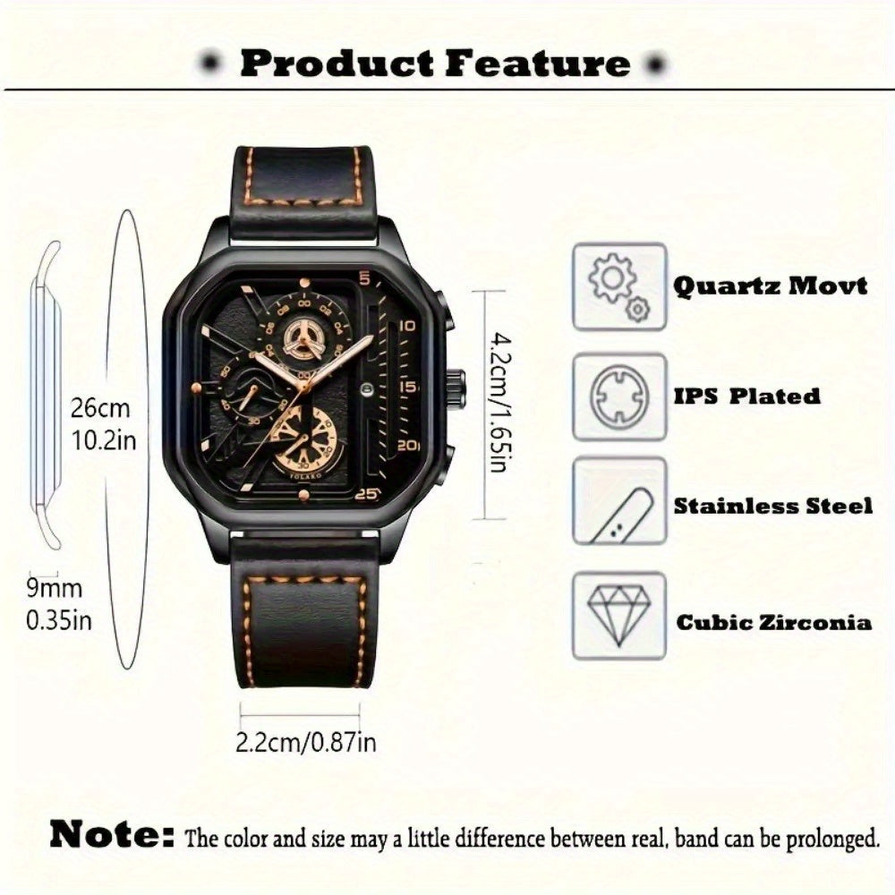 [ Quartz Watches for Men ] 1/4pcs/Set Vintage Faux Leather Watches, Stylish Black Sport Wrist Watch, Square Dial, Casual Watches | Clothing Additions | Business Watches | Reloj Para Hombre