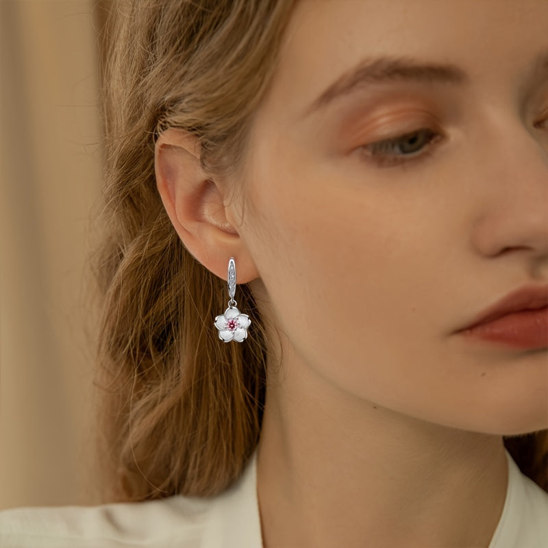 925 Silver Exquisite Peach Blossom Pendant Earrings Pink Synthetic Zirconia Flower Pendant Earrings Romantic Cherry Blossom Small Fresh Earrings Women's Jewelry, Suitable for Daily Wear and Special Occasions