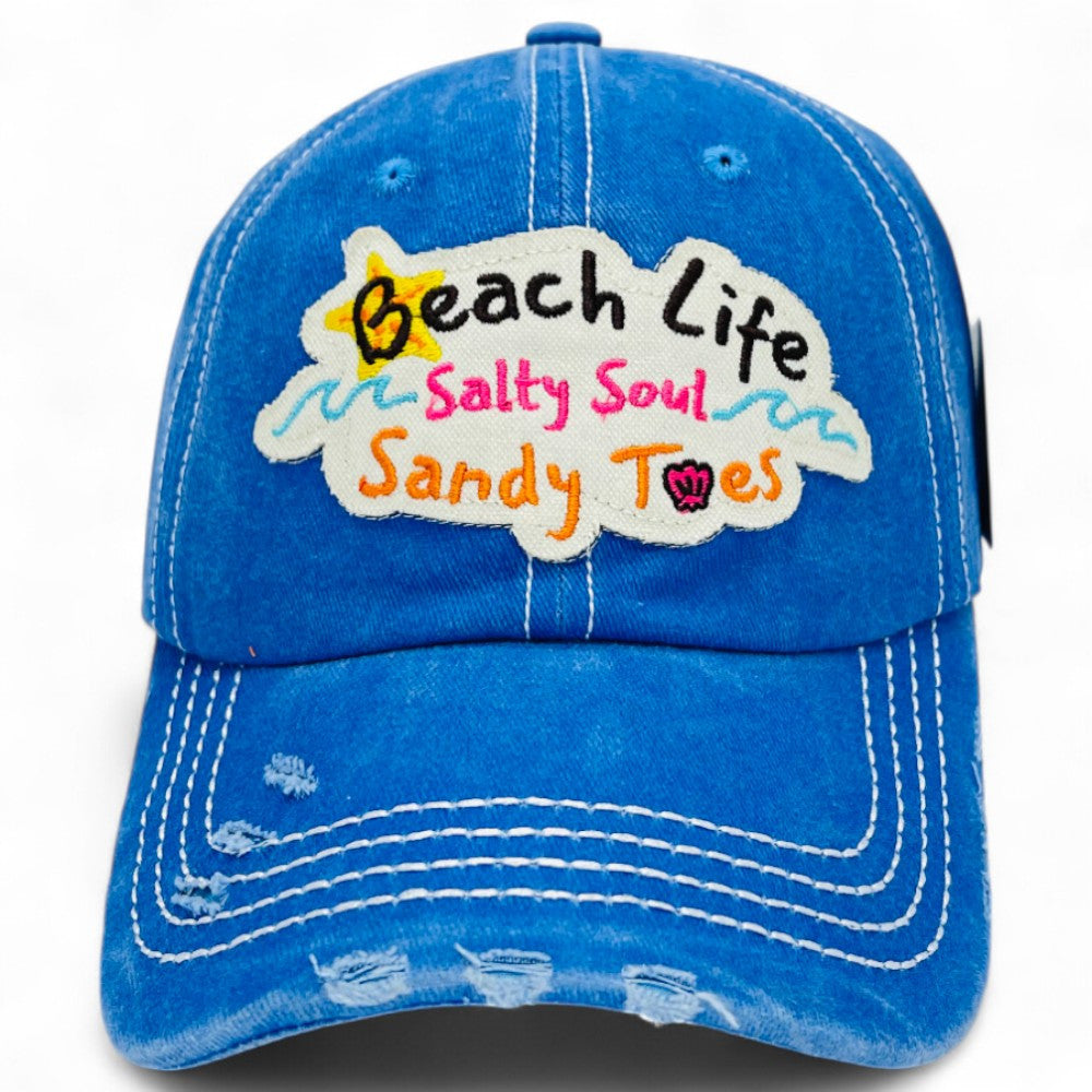"Beach Life Salty Soul Sandy Toes" Baseball Cap-Local Artist Designed, Vintage, Distressed, Embroidered, 100% Cotton, UV Protection, Adjustable
