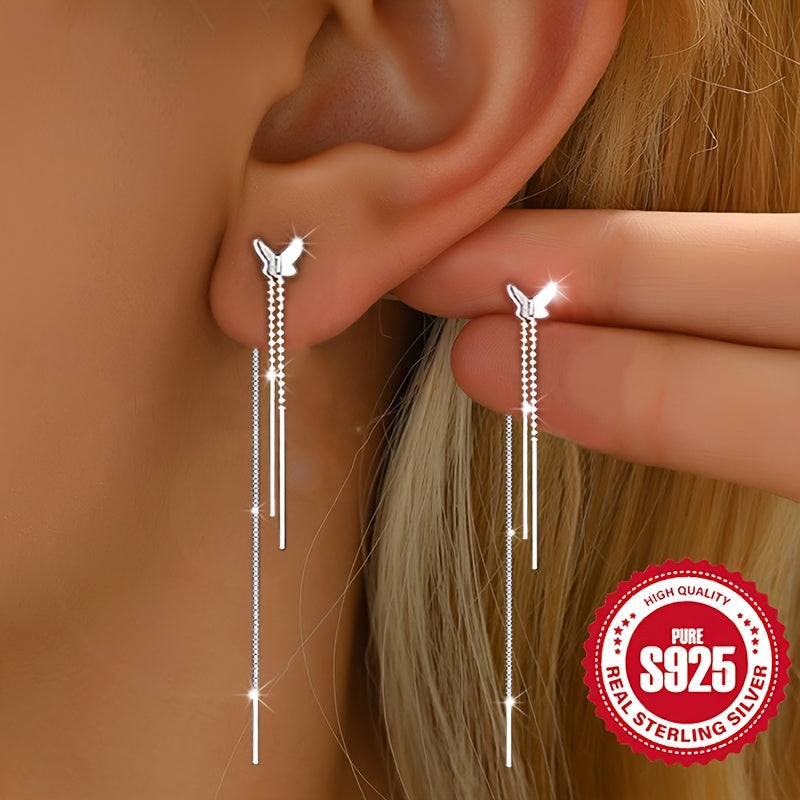 1 Pair S925 Sterling Silver Butterfly Tassel Earrings, Hypoallergenic, Elegant & Cute Style, Perfect Gift for Women, Versatile for Daily Wear & Vacation, Ideal for Christmas, All-Season Accessory