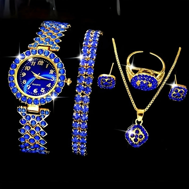 6pcs/Set Luxury Women's Watch And Fashion Jewelry Set, Elegant Blue Rhinestone Quartz Watch Fashion Timepiece Jewelry Set
