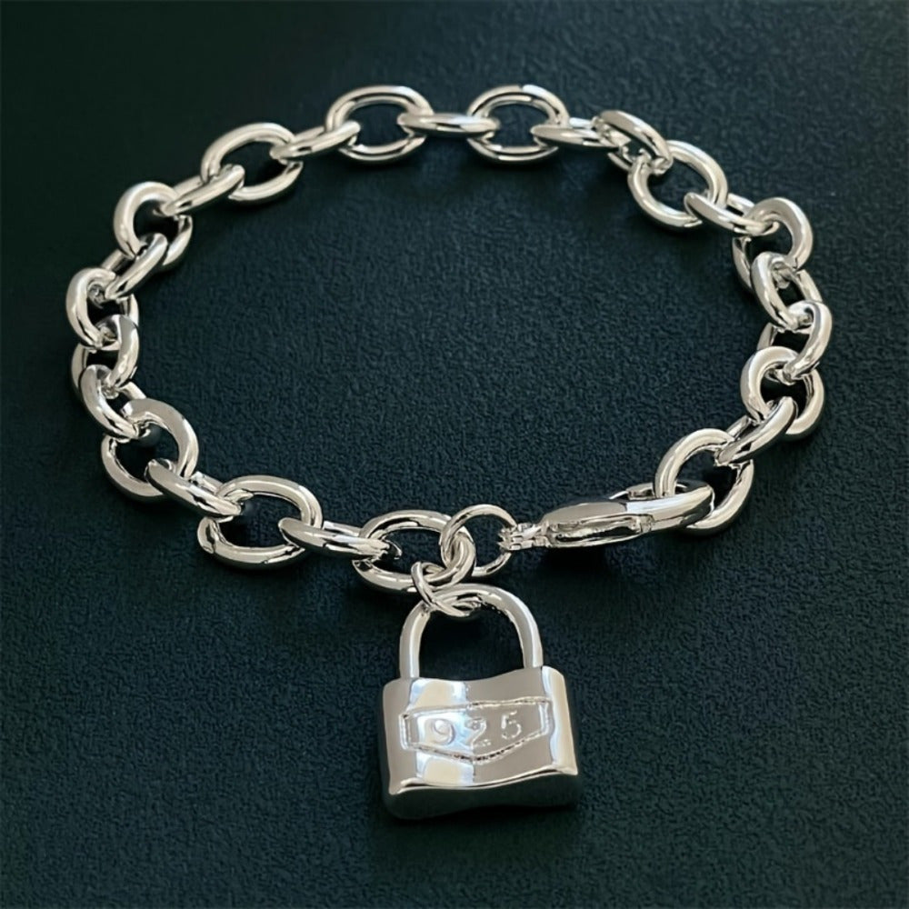 925 Pure Silver Pendant Clasp Bracelet, Stylish Korean Silver Chain Bracelet with Lock, the Perfect Gift Choice!