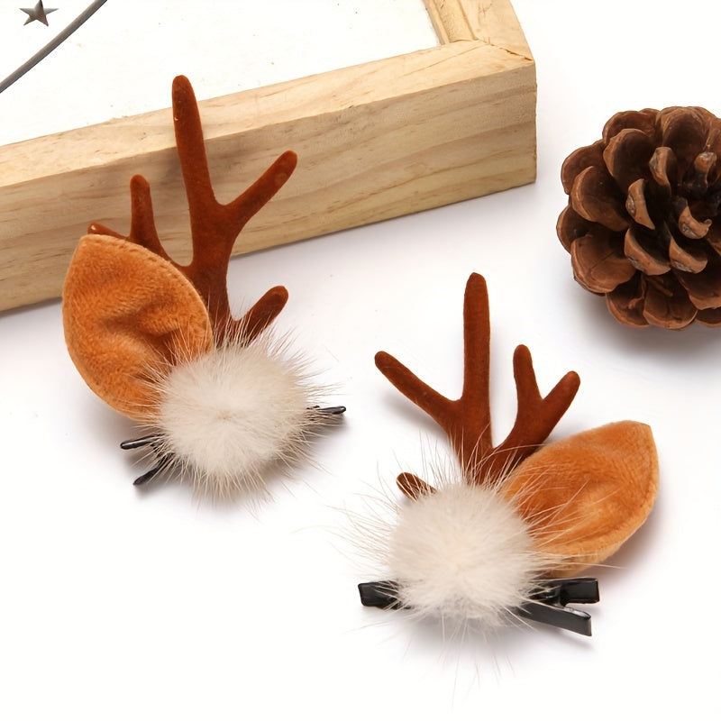 8pcs Reindeer Antler Hair Clips, Random Styles Shipped, with Pom-Poms And Ears, Plastic Material Christmas Holiday Hair Additions