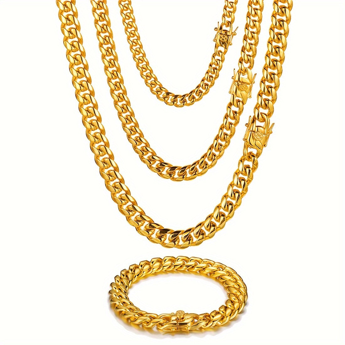 2pcs Golden Chain 18K Gold Plated Necklace And Bracelet Men 316L 316L Stainless Steel Cuban Chain