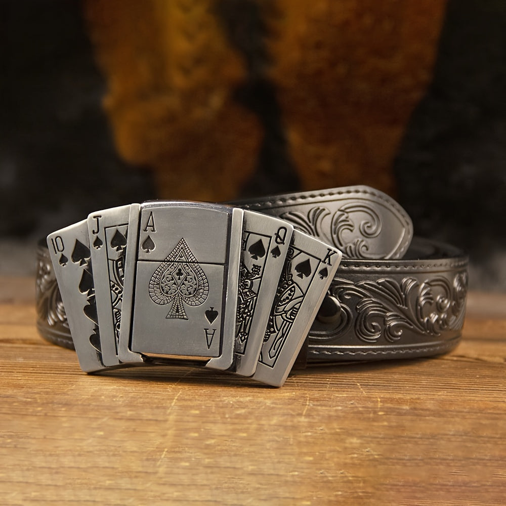 Men'S Western Denim Genuine Leather Belt, with a Lighter And Playing Card Clasp, Embossed Detail Craftsmanship, an Ideal Gift for Your Boyfriend Or Husband