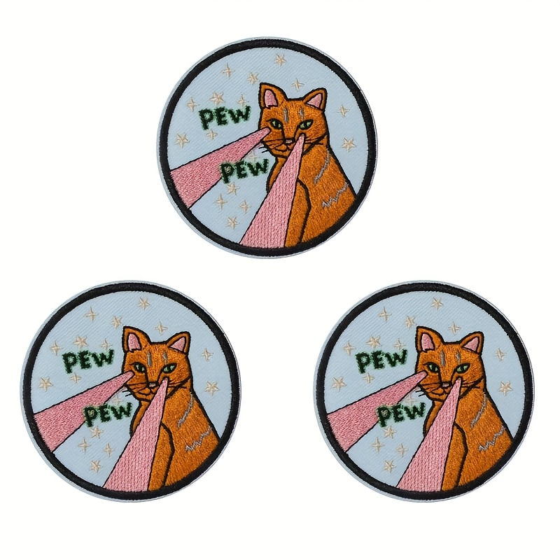 3pcs Embroidery Iron On Patches - Cute Cartoon Cat with Stars & PEW PEW Laser Design, Durable Fabric Applique Badges for Hats, Jackets, Pants, Clothes, Backpacks - Easy DIY Clothing Accessories, Playful Accessory, Vibrant Embroidery