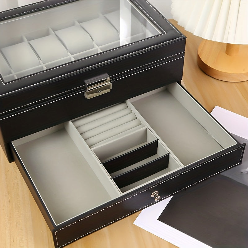 A 12-Compartment Faux Leather Watch Storage Box That Locks, Suitable for Both Men'S And Women'S Jewelry, Featuring Drawers And a Two-Tier Design with a Glass Top for Displaying Watches And Glasses