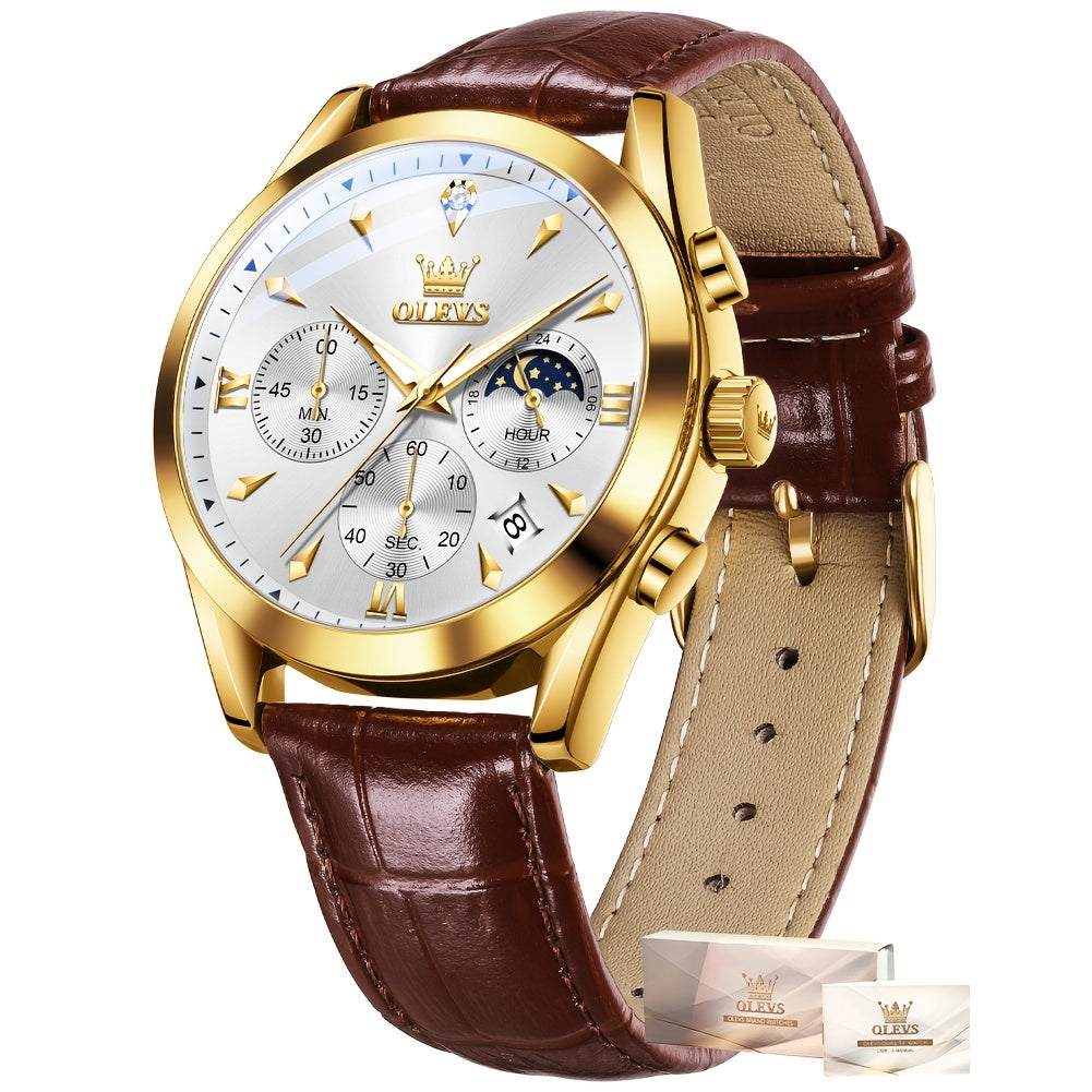 OLEVS Men'S Watches - Stylish Casual Analog Quartz with Faux Leather, Waterproof, 6-Hand Multifunction Chronograph, Luminous Business Date, Moon Phase, Gray/Black Dial Wristwatch for Men
