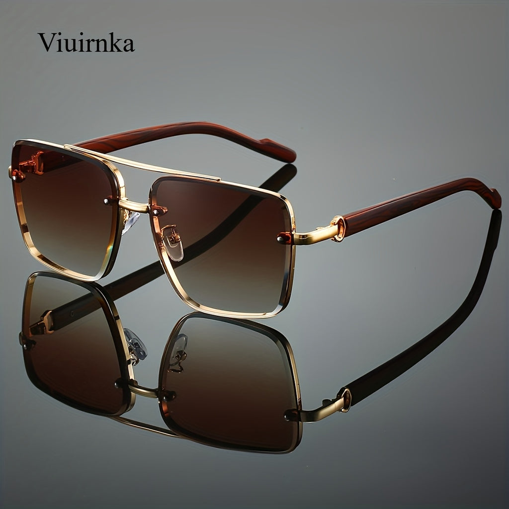VIUIRNKA Women's Fashion Glasses, Unisex Square Fashion Frame with Unique Double Bridge Design, Vintage Wood Grain Texture, Light Luxury Style, Sun Protection, Suitable for Daily Wear, Driving, Travel, and Street Photography, Ideal for Various