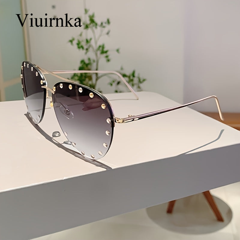 VIUIRNKA Women'S Glasses, Classic Semi-Rimless Design with Studded Details, Trendy Versatile Black Frame with Case, Lightweight Fashion Statement, Perfect for Halloween & Christmas Gift Giving, Chic Daily Wea