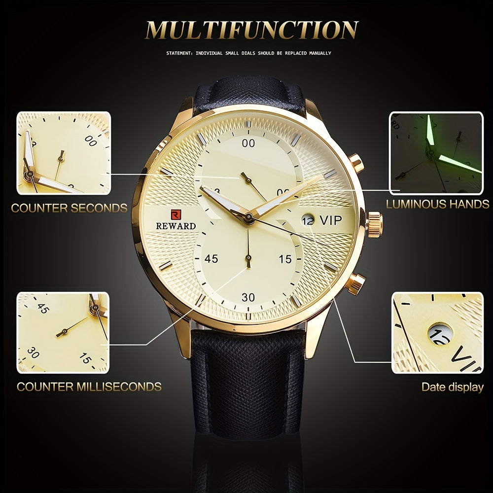 [1pc Men's Watch] 1pc Men's Black Golden Quart Watch | PU Leather Strap, with Gift Box