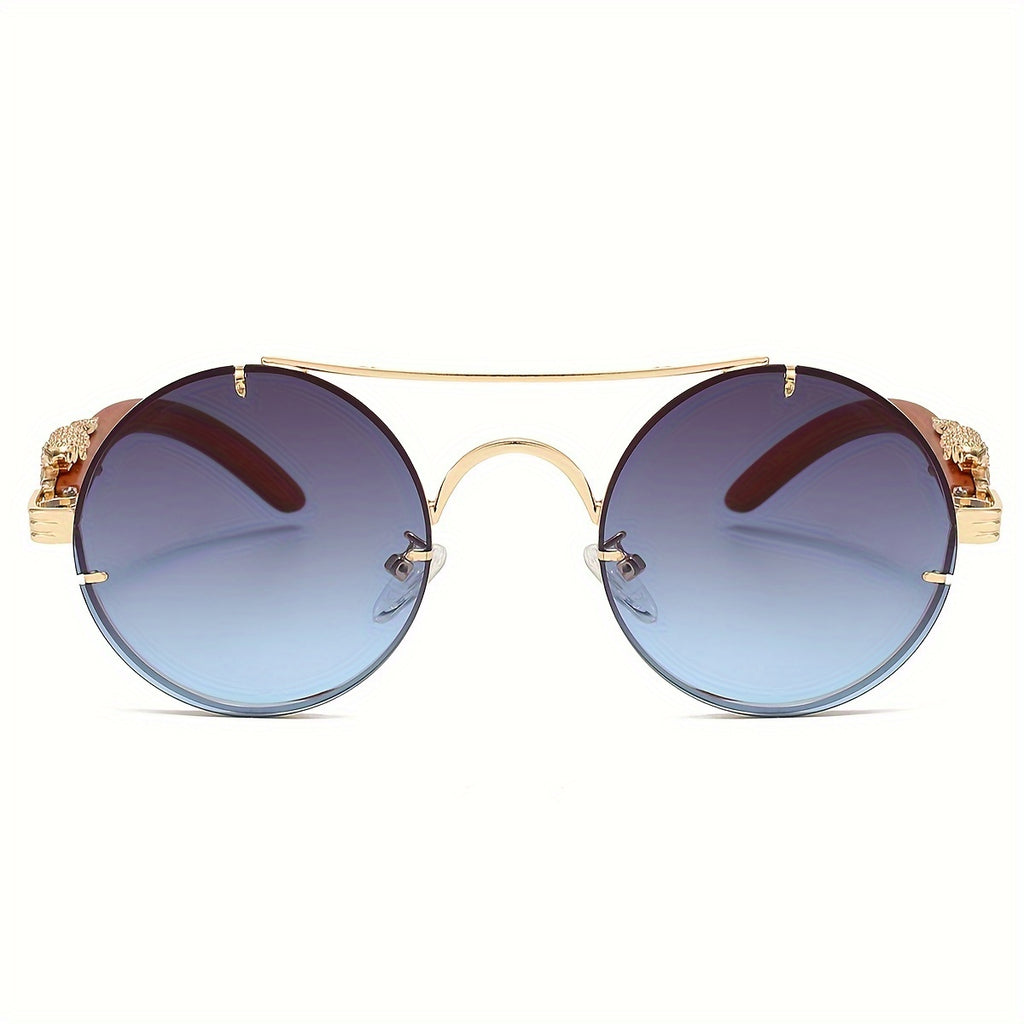 Fashionable Round Metal Frame Sunglasses with Gradient PC Lenses - Includes Protection Case - Luxury Double Bridge Design, Leopard Detail Hinges, Stylish And Chic for Both Men And Women, Perfect for Vacation, Street Photography, And As a Unique Gift
