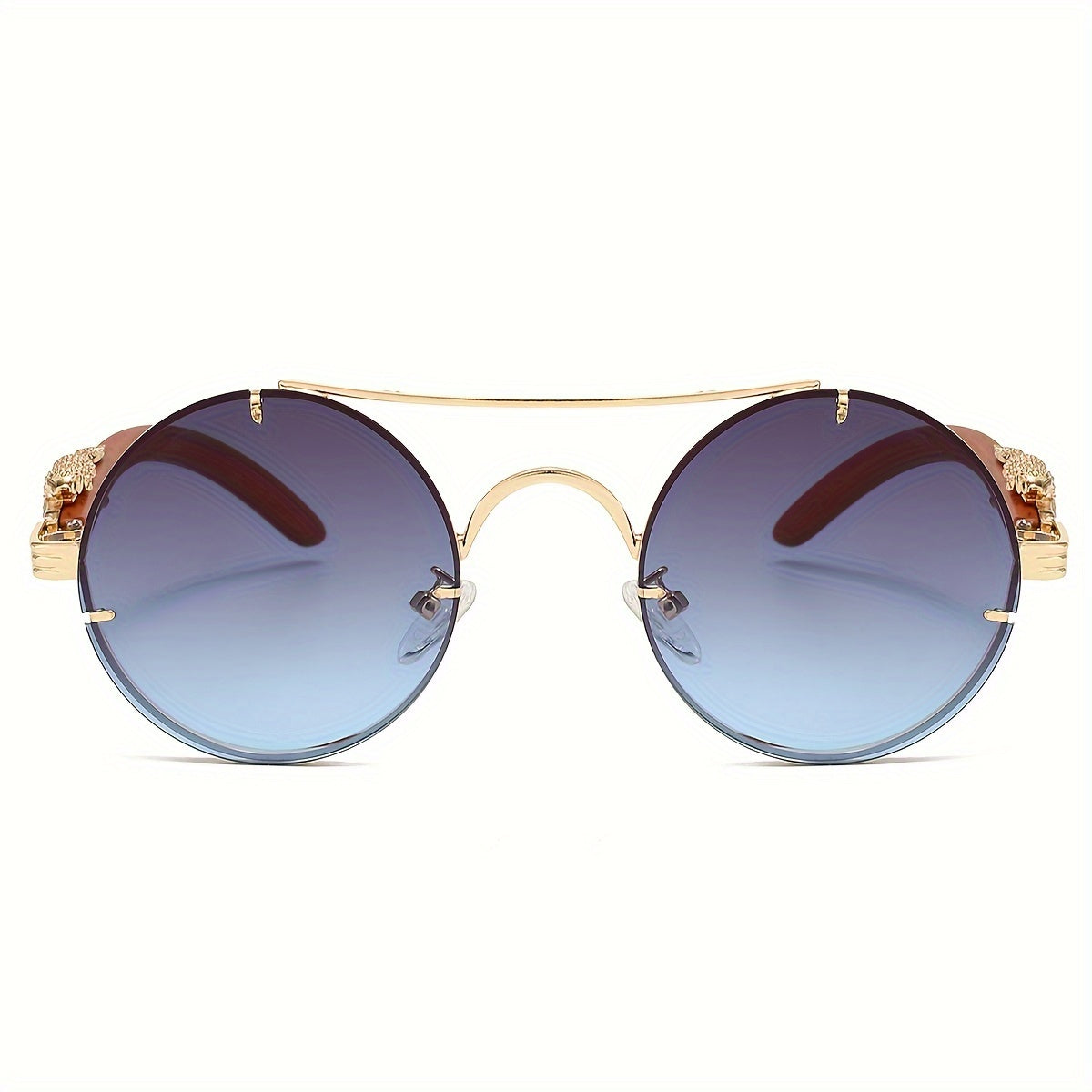 Fashionable Round Metal Frame Glasses with Gradient PC Lenses - Luxury Double Bridge Design, Leopard Detail Hinges, Stylish And Chic for Both Men And Women, Perfect for Vacation, Street Photography, And Includes Protection Case, As a Unique Gift