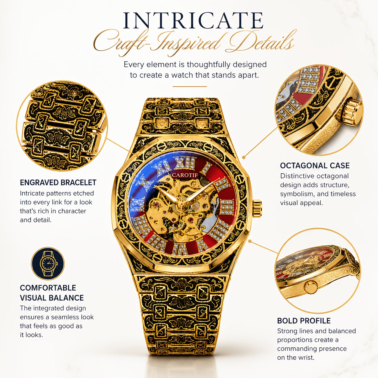[Automatic Mechanical Watch] 1pcss Men's Golden Green Steel Belt Retro Style Classical Fashion Rose Carving Automatic Mechanical Watch, Without Battery