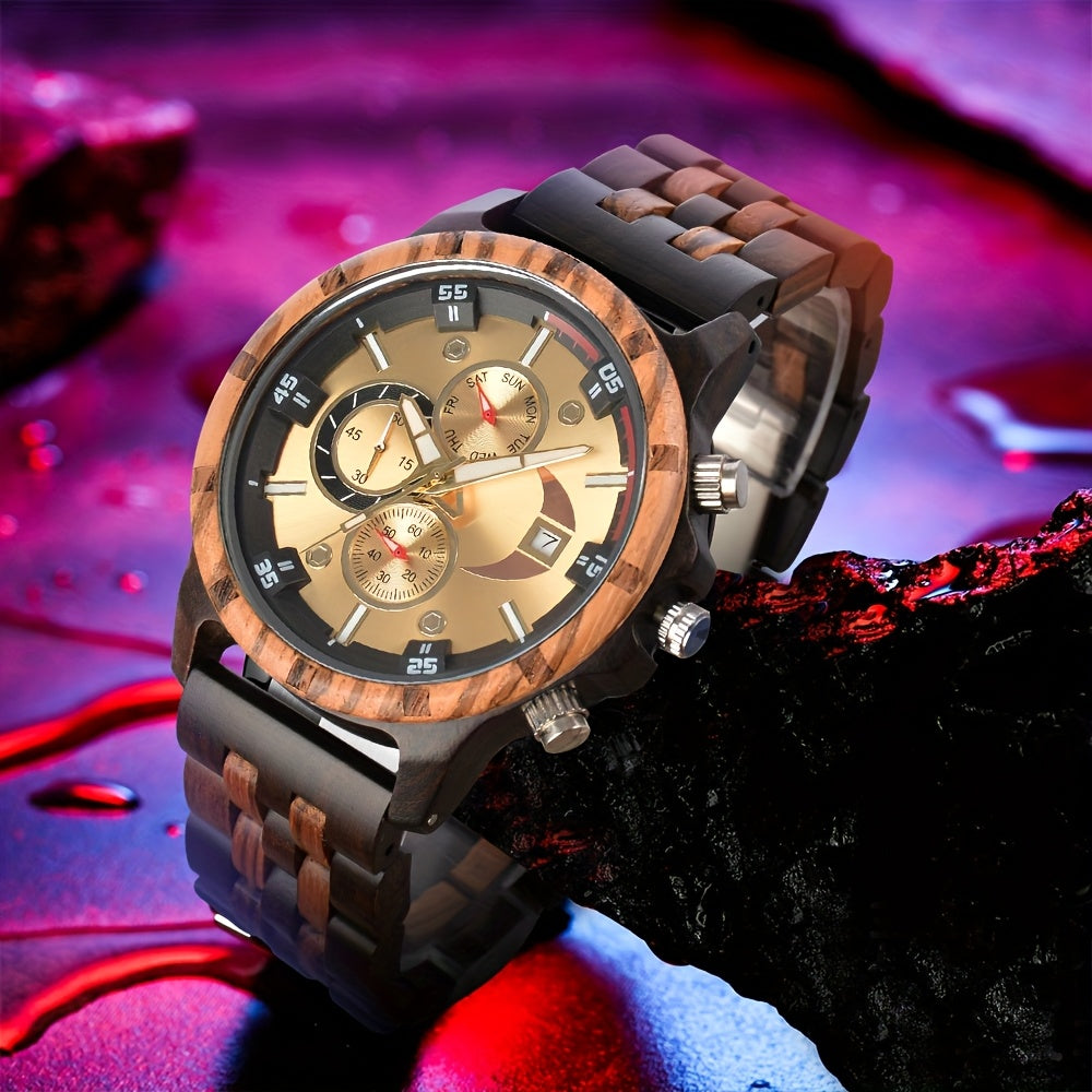 Luxury Multifunctional Men's Wooden Quartz Watch, Week, Calendar, Timer, Fashion Wooden Clock Gift