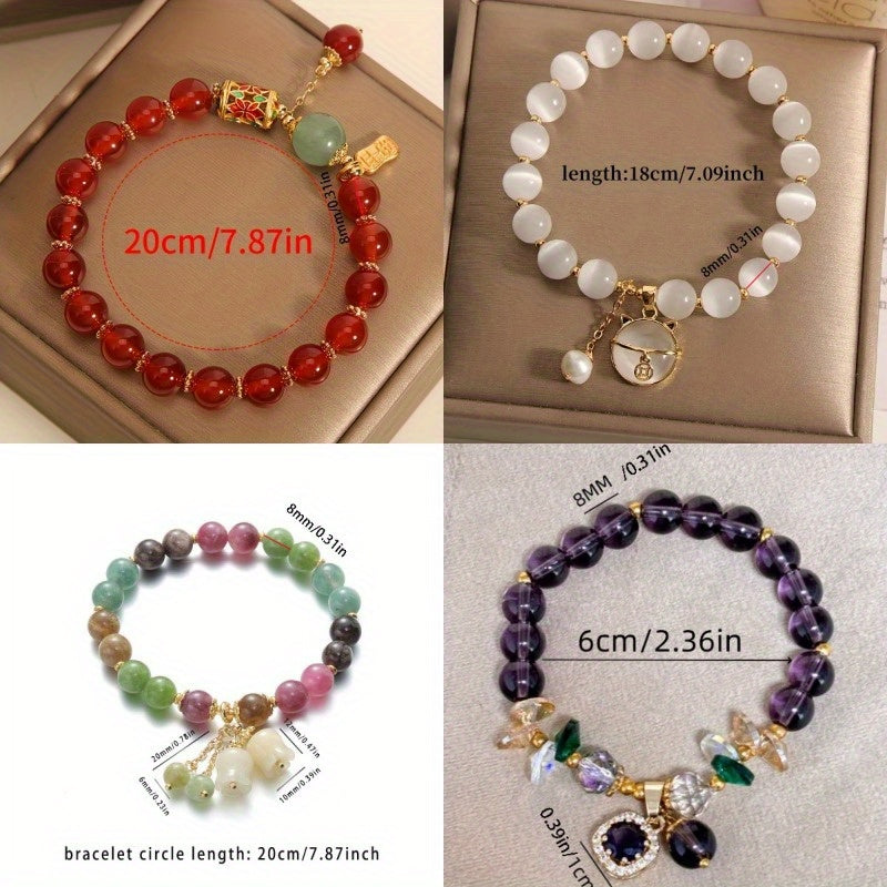 4pcs Elegant Natural Stone Bracelets - Amethyst Beads with CZ Cat Pendant - Lucky Boho Jewelry Gift for Women Men Couple Best Friend