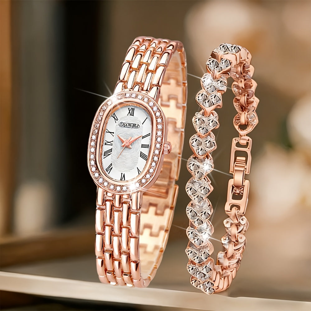 2pcs Women's Elegant Retro Watch Set - Luxury Heart Chain Quartz Watch with Rectangular Dial & Stainless, Court Style Analog Wristwatches for Easter, Wedding, or Casual Attire - Classic Timepiece Gift