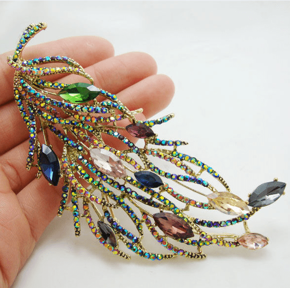 Famous Brand Design Luxurious  Design Long Feather Brooch Pin Multi-color Rhinestone Woman Jewelry Gifts for