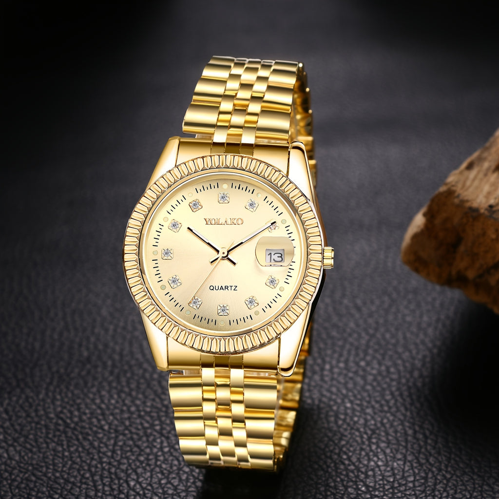 Jewelrywe Mens Golden Tone Quartz Watch: Business Analog Rhinsetone Date Luminous Hands Stainless Steel Removable Strap Casual Wrist Watch Valentine's Day Gift