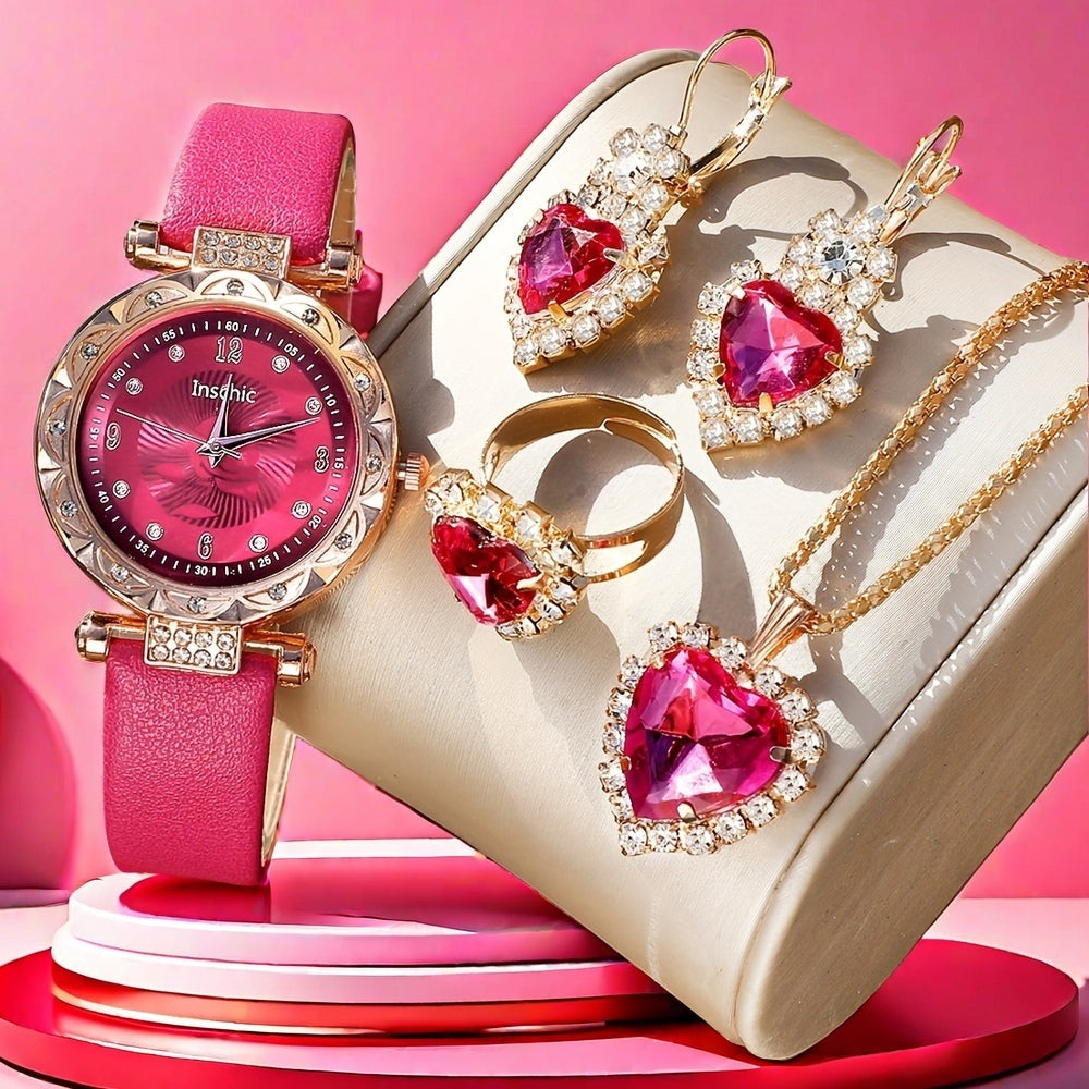 5pcs Rose Red Round Quartz Watches, Dial And Rhinestone Necklace Earrings Ring, Unique New Year, Christmas and Birthday Gifts