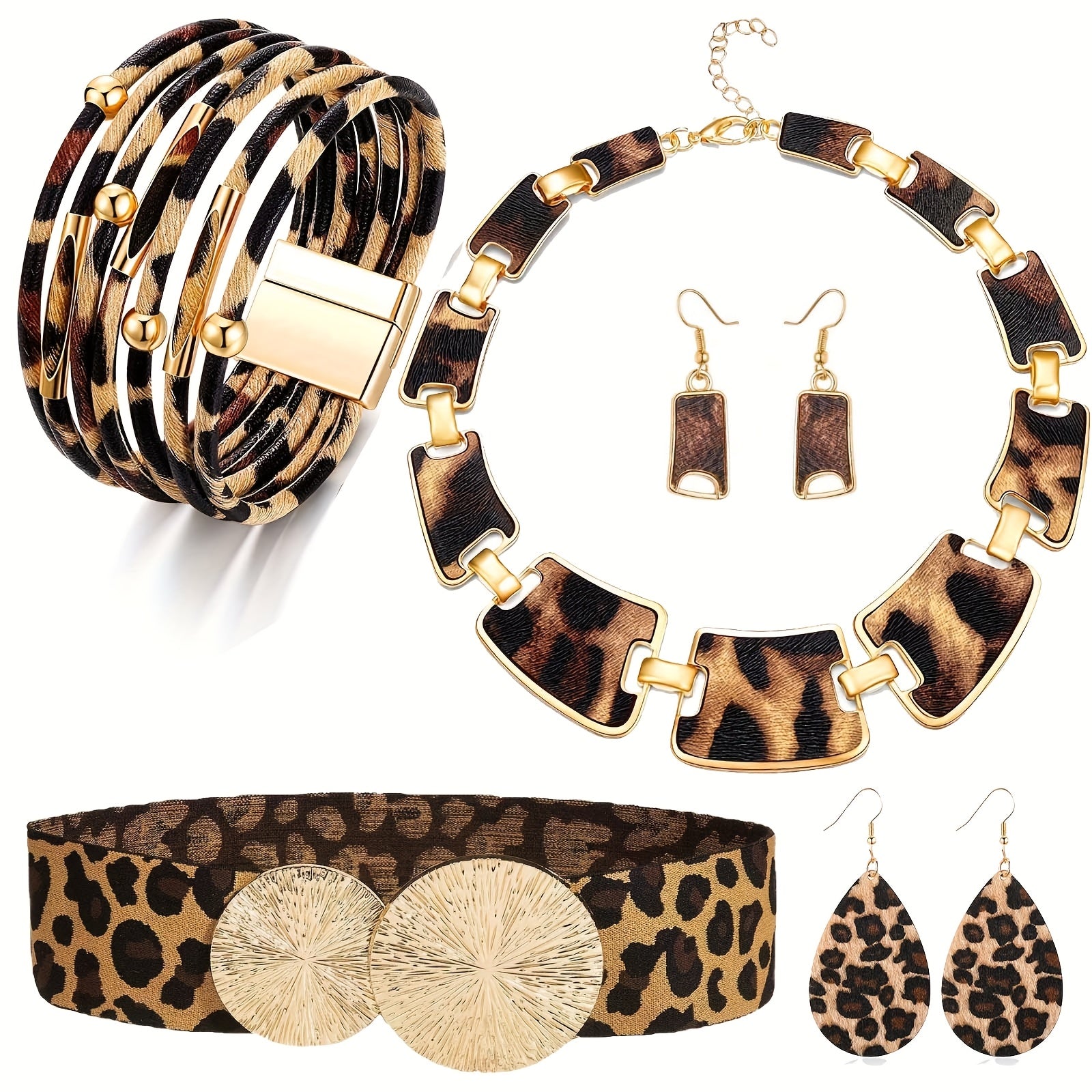 7/ Pcs Set Bohemian Style Leopard Print Jewelry Sets - Plastic Fashion Accessories Including  Necklaces, Earrings, Bracelets, and Handbags - Suitable for Daily and Vacation Wear