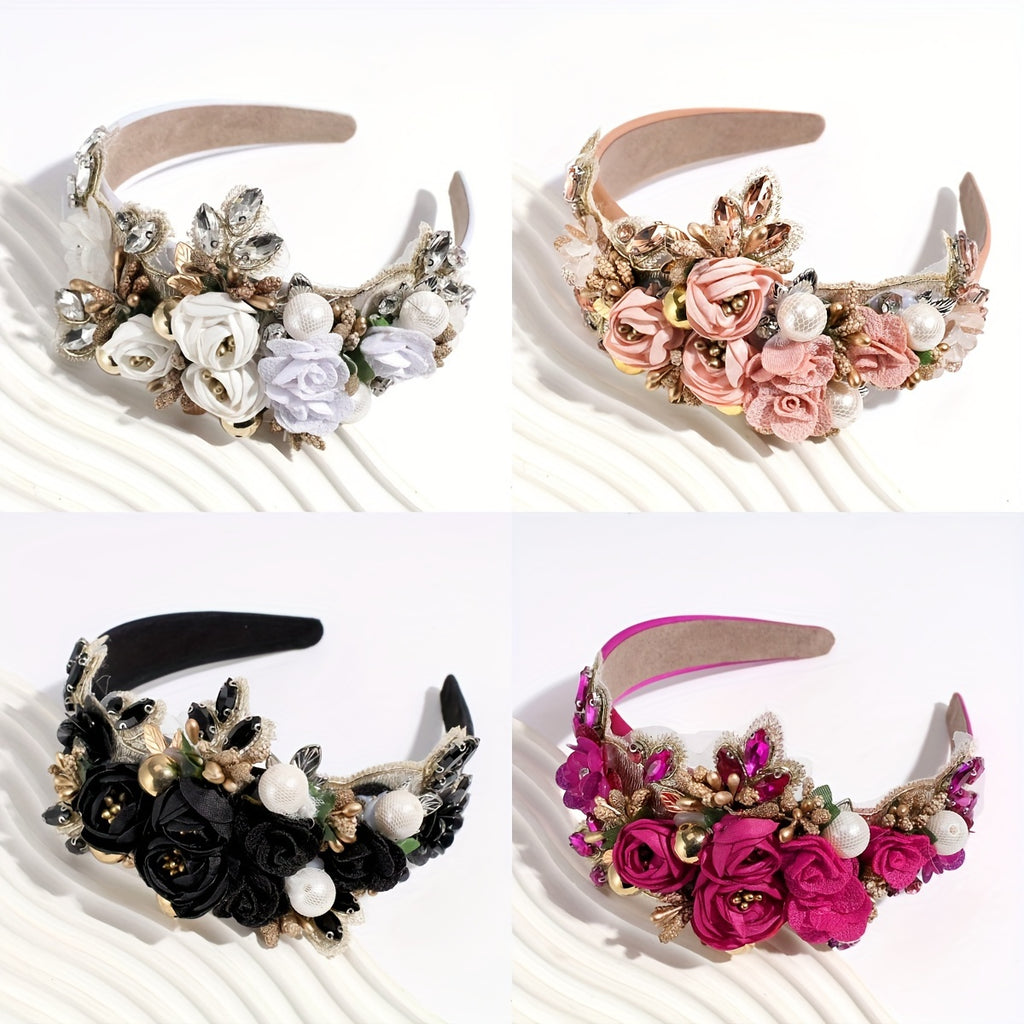 Elegant Baroque Rhinestone Faux Pearl Fabric Floral Headbands For Women, Perfect For Wedding Valentine's Day Bridal Bridesmaid Hair Accessories